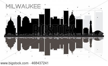 Milwaukee City Skyline Black And White Silhouette With Reflections. Vector Illustration. Simple Flat