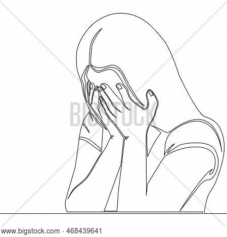 Continuous One Single Line Drawing Woman In Despair Sad Girl Hiding Her Face With Hands Stressed You