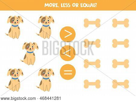 More, Less Or Equal With Cute Dogs And Bones.