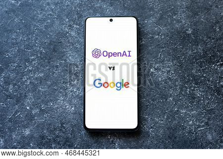 Openai Chatgpt Bot Vs Google On Phone Screen On Concrete Background, Ai Replacing Google Concept. Sw