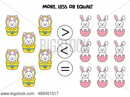 More, Less Or Equal With Cute Cartoon Easter Rabbits.