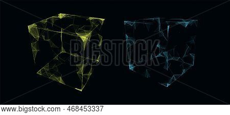 Vector Futuristic Set Space Cube. Network Connection Structure Cyberspace With Moving Particles In C