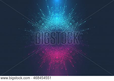 Digits Abstract Background With Connected Line And Dots, Web Cover. Digital Neural Networks. Network