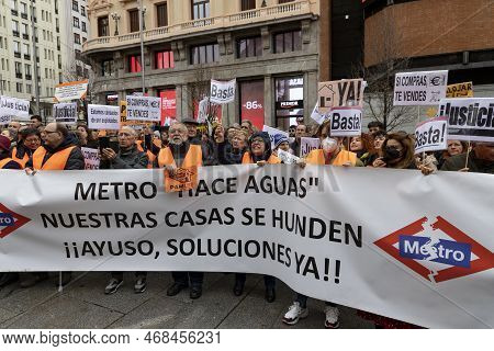 Manifestation. Demonstration From Plaza De Callao To Puerta Del Sol In Madrid. Banner For Those Affe