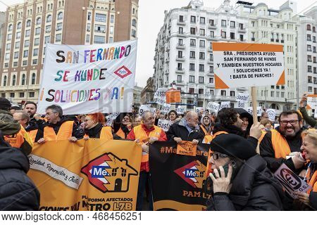 Manifestation. Demonstration From Plaza De Callao To Puerta Del Sol In Madrid. Banner For Those Affe