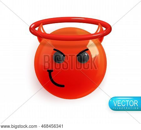 Emoji Face Eliv Smiles Maliciously. Emotion Realistic 3d Render. Icon Smile Emoji. Vector Yellow Glo