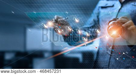 Business Woman Touching Global Structure Networking And Data Exchanges Customers Connection On Dark 