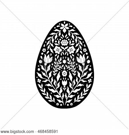 Easter Floral Egg Icon. Abstract Flowers In Egg Silhouette. Vector Linocut Object Isolated On White 