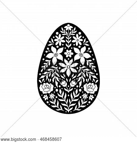 Easter Floral Egg Icon. Abstract Flowers In Egg Silhouette. Vector Linocut Object Isolated On White 