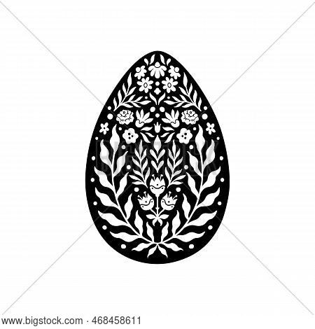 Easter Floral Egg Icon. Abstract Flowers In Egg Silhouette. Vector Linocut Object Isolated On White 