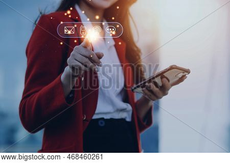 Customer Support Hotline Contact Us People Connection. Businessman Using Computer Keyboard With The