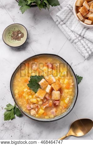 Lentil Pea Soup Garnish With Ham And Pork Ribs