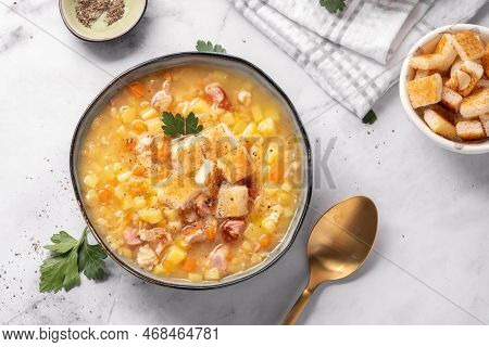 Lentil Pea Soup Garnish With Ham And Pork Ribs