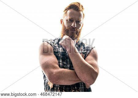 Photo Of Muscular Brutal Bearded Man With Beard. Brutal Bearded Man Isolated On White.
