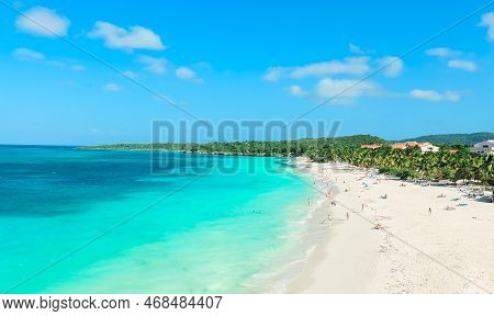 Holguin Province, Cuba, Esmeralda Majestic Wide Open Stunning Inviting Beach With People Swimming, R