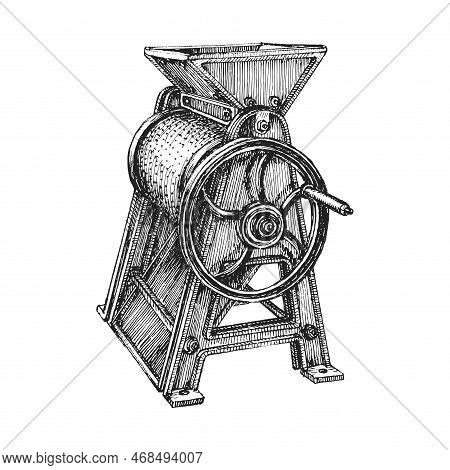 Coffee Bean Pulper Machine, Hand Drawing In Vector