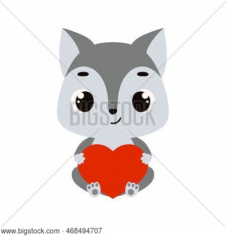Cute Little Sitting Wolf Holds Heart. Cartoon Animal Character For Kids Cards, Baby Shower, Invitati