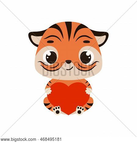 Cute Little Sitting Tiger Holds Heart. Cartoon Animal Character For Kids Cards, Baby Shower, Invitat