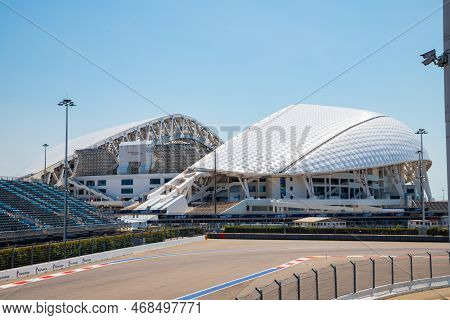 Sochi, Russia - 08.09.2022: Empty Race Car Track, Motorcycle Racetrack  And Fisht Stadium In Olympic