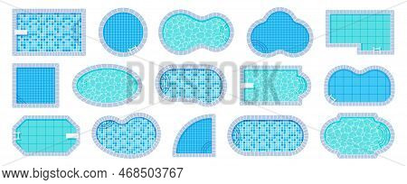 Top View Pool. Swimming Pools Of Different Shapes With Tile And Water Caustics Texture Vector Illust
