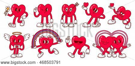 Heart Character. Love Mascot Hearts With Cute Faces, Cartoon Feets And Hand Gestures. Romantic Feeli