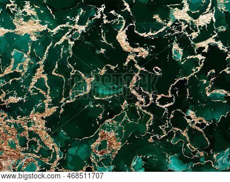 Black And Green Watercolor Background With Gold Glitter. Watercolor Alcohol Ink Splash, Liquid Flow 
