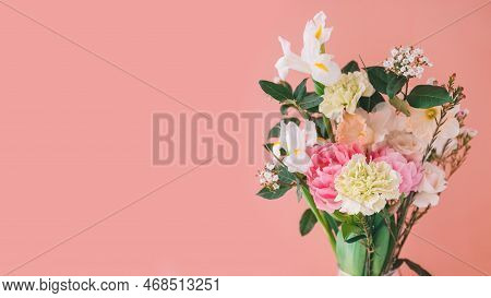 Beautiful Bouquet Of Carnations, Daffodils, Spray Roses, Chamelacium Hookata And White Irises On Pea