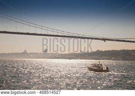 Istanbul, Turkey - May 21, 2022: Turkish Police Boat Patrolling On The Bosphorus Straight. Turk Poli