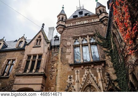 Wernigerode, Saxony-anhalt, Germany, 29 October 2022:  Castle With Tower In Harz Mountains Above Tow