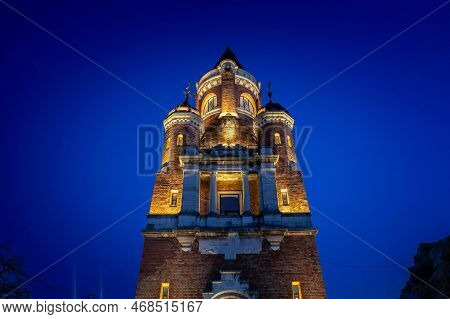 Gardos Tower Seen At Night In Zemun, Belgrade, Serbia. Also Called Kula Sibinjanin Janka, It Is One 