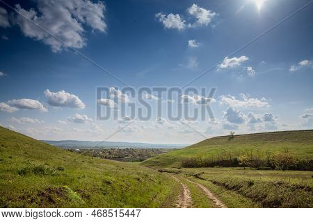 Panorama Of Titelski Breg, Or Titel Hill, In Vojvodina, Serbia, With A Dirtpath Countryside Road, In