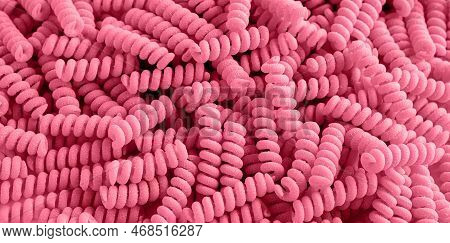 Viva Magenta Colored Abstract Background. Color Of The Year 2023. Spiral Raw Macaroni. Close Up Top 