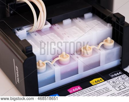Tambov, Russian Federation - December 06, 2022 A Close-up Shot Of A Continuous Ink System Of Epson P