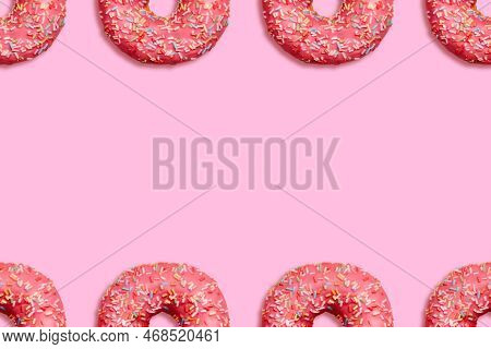 Design Template With Classic Glazed Donuts With Copy Space. Pink Bright Doghnuts With Colorful Sprin