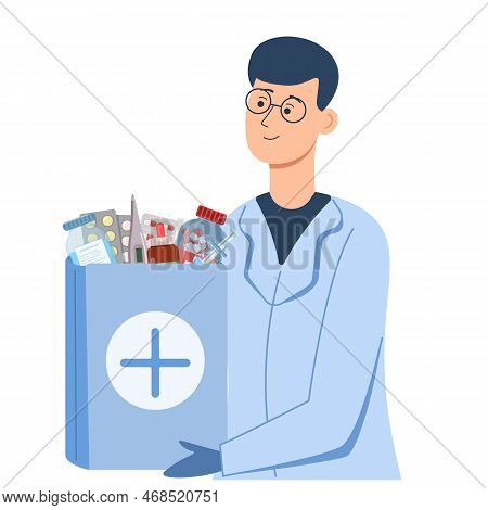 Doctor With A Pack Of Pills. Medical Prescription Treatment, Flat Style