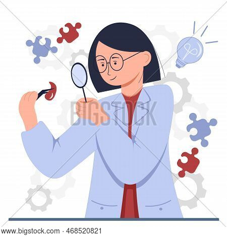 Girl Scientist Conducts Research. Vector In Flat Style