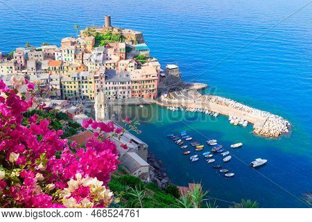 Vernazza Pituresque Town Of Cinque Terre, Italy, View From Above With Flowers