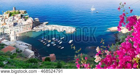 View Of Vernazza Pituresque Town And Habour Of Cinque Terre With Flowers, Italy, Web Banner Format