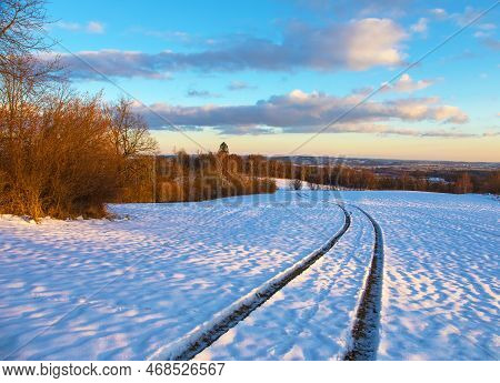 Evening Winter Landscape View From Bohemian And Moravian Highland Near Velke Mezirici Town, Czech Re