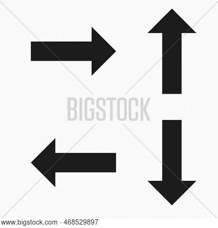 Four Arrows Direction. Black Arrows Point From The Center. Sharp Arrow. Set Of Arrows On Isolated Wh
