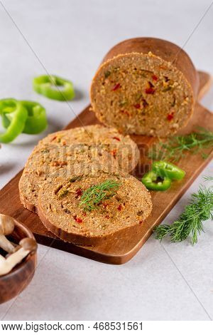 Mushroom Based Vegan Sausage With Vegetables And Spices On Wooden Board, Top View, Closeup. Meat Alt