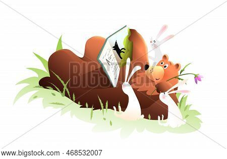 Cute Bear Reading Fairytale Book To Rabbits In The Forest Lawn. Children Clip Art Illustration With 