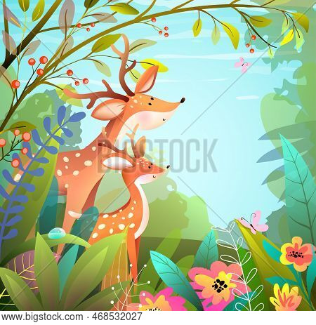 Cute Deer Or Stag Animals In The Forest, Mother And Child In The Woods. Children Illustration With M