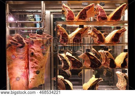 Barcelona, Spain - October 6, 2021: Meat Store Specializing In Beef Display Window In Downtown Barce