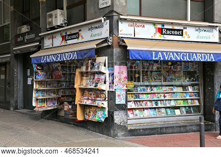 Barcelona, Spain - October 8, 2021: La Vanguardia Newspaper Shop In Sant Antoni District In Barcelon