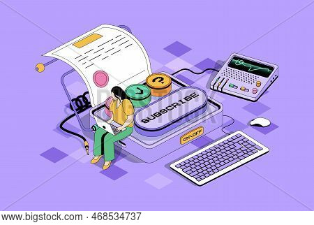 Electronic Contract Concept In 3d Isometric Design. Woman Makes Business Deal And Signing Virtual Do