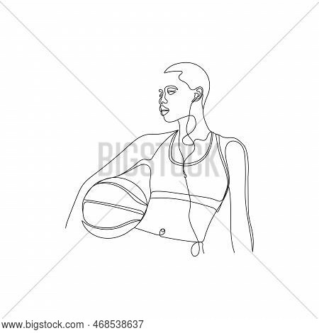 Basketball Player. Girl With Ball In One Continuous Drawn Line. Hand Drawn Vector Illustration.