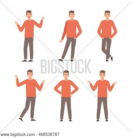 Set Of Young Man Showing Various Emotions And Gestures. Man Expressing Positive And Negative Feeling