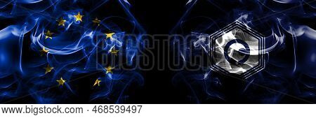 Flags Of Eu, European Union Vs Japan, Japanese, Yubari, Hokkaido, Sorachi, Subprefecture. Smoke Flag