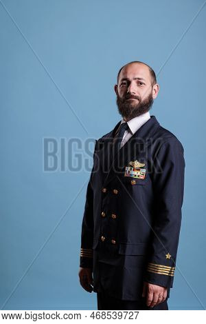 Airplane Captain Standing In Professional Uniform Portrait, Confident Plane Pilot Standing, Looking 